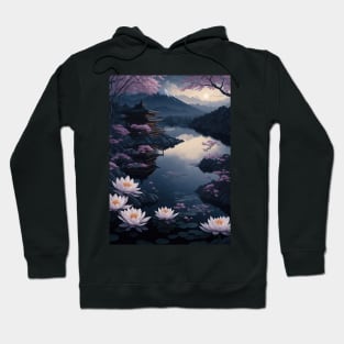 Serene Mount Fuji Sunset - Peaceful River Scenery - Lotus Flowers Hoodie